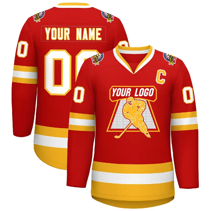 Custom Red White-Gold Classic Style Hockey Jersey