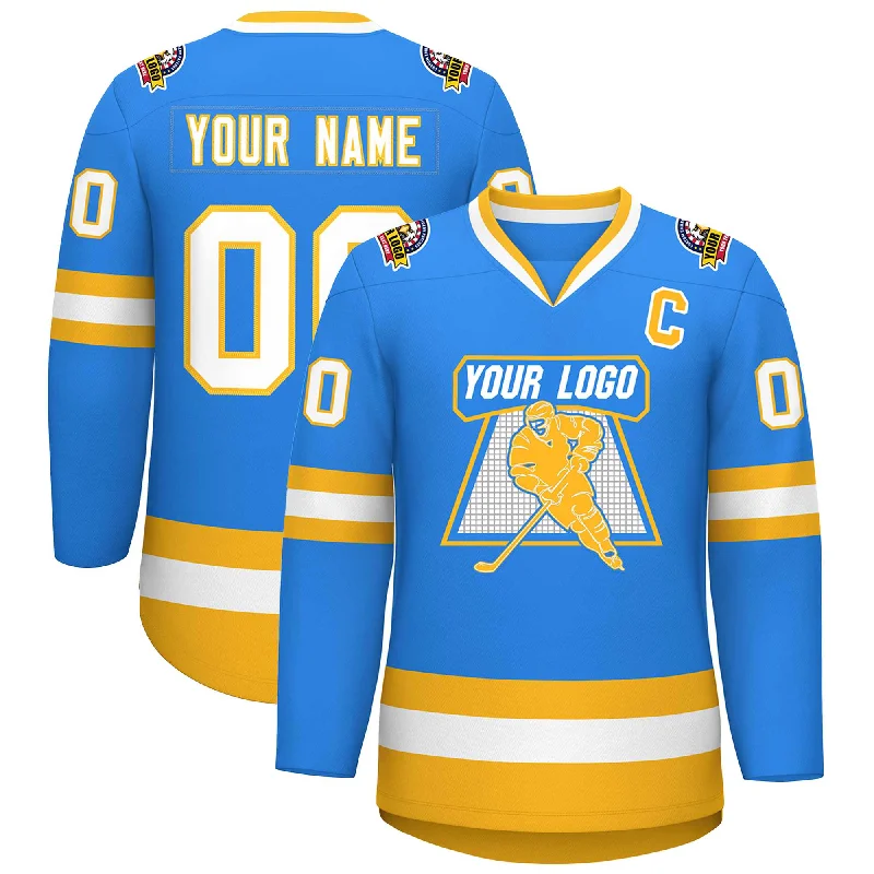 Custom Powder Blue White-Gold Classic Style Hockey Jersey