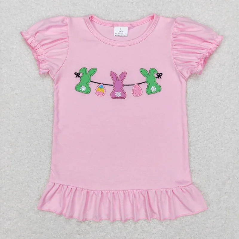 GT0391 Easter Rabbit Pink  Embroidery Girls Long Sleeve Top T-shirts