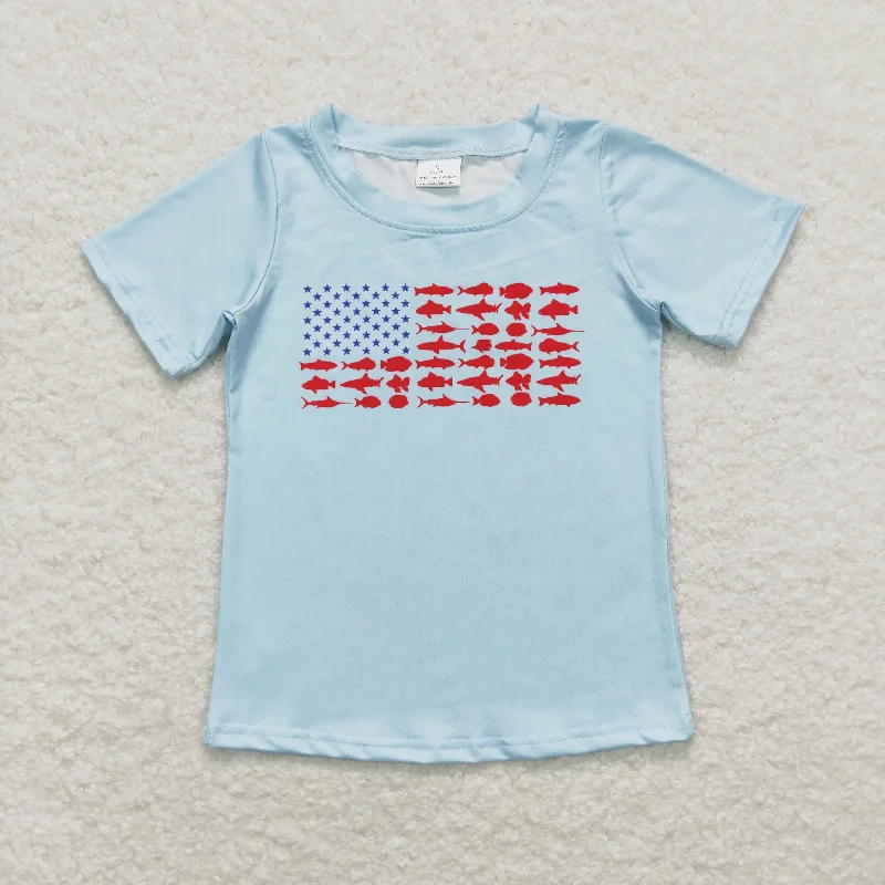 BT0614 American flag Minnow star Pattern Baby Boy Light Blue  Short sleeve Top boutique summer sets 202501