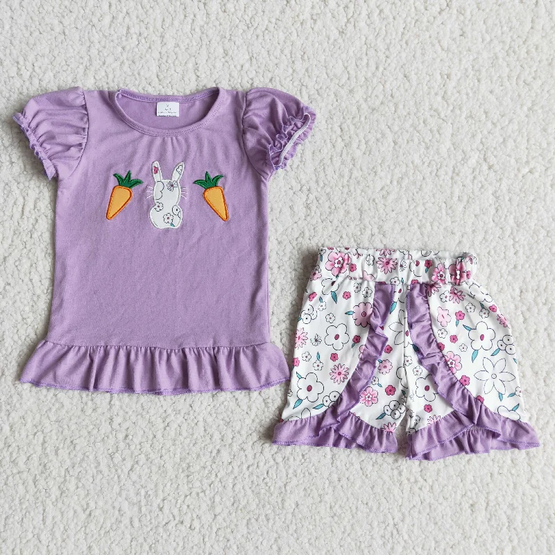 E6-20 Easter Bunny Carrot Purple White Flower Ruffled short sleeve top shorts set boutique girls clothing sets summer outfit RTS 202501