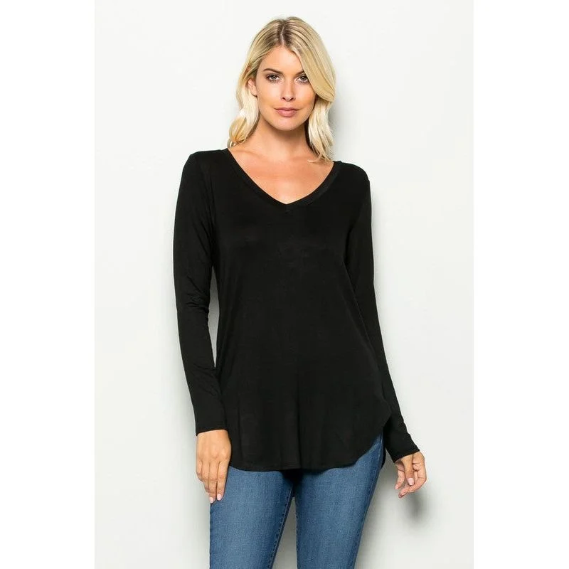 Black V-NECK LONG SLEEVE SOLID TOP