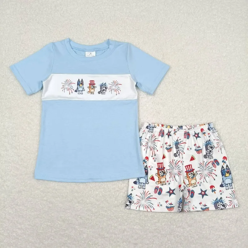 BSSO0792 Light Blue Cartoon bluey short sleeve top shorts boy boutique summer outfit 202501