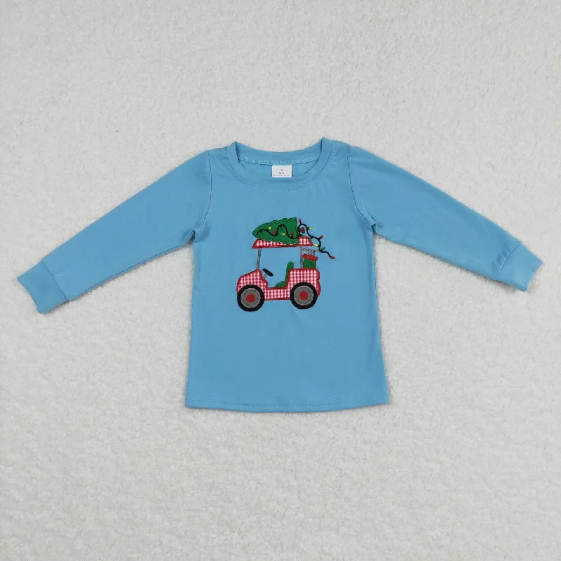 BT0352 Christmas Blue Tree Truck Embroidery  Boys Long Sleeve Top T-shirts