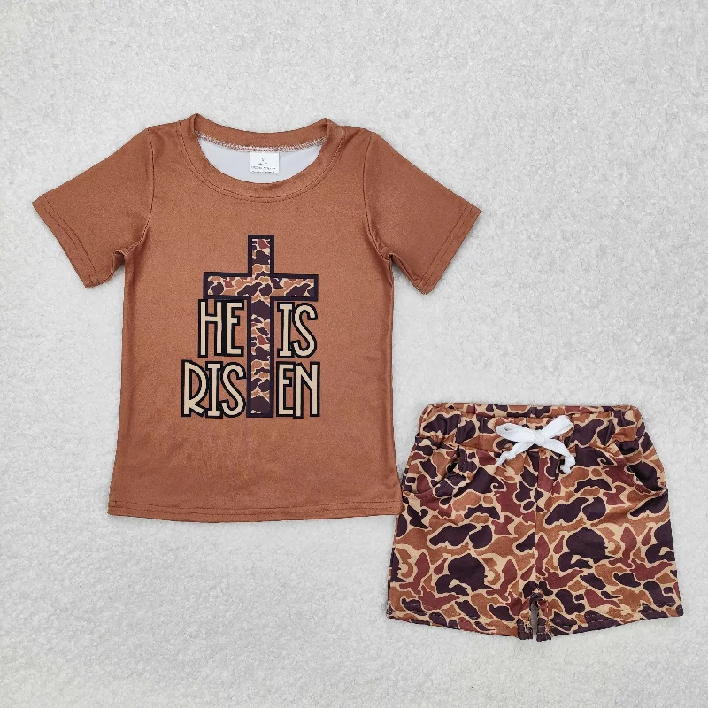 BSSO1162 Western Boutique Outfit Brown Cross short sleeve top camouflage shorts  Boys boutique outfit 202501