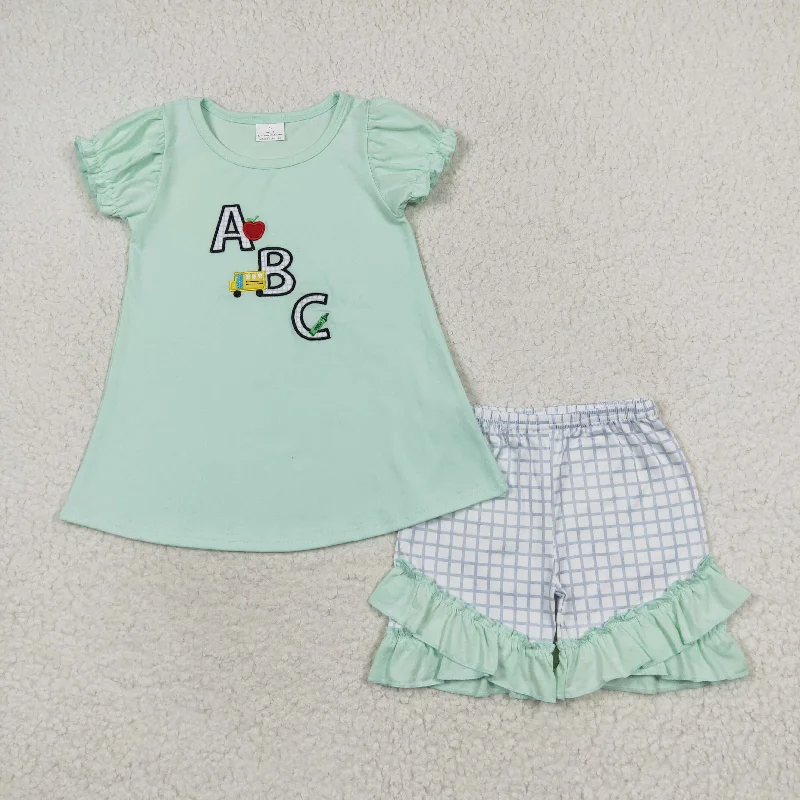 GSSO0930 Embroidered letter Mint green short sleeve top ruffle shorts Sweet Girls boutique summer outfit 202501