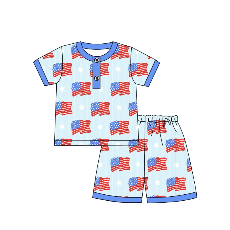 Preorder BSSO1259 National day outfit Flag American Boy Blue short sleeve top shorts Summer clothes  Baby Boys boutique outfit 202501