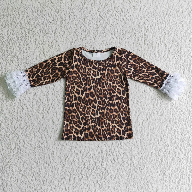 6 A23-4 White Lace Leopard Girls Long Sleeve Top