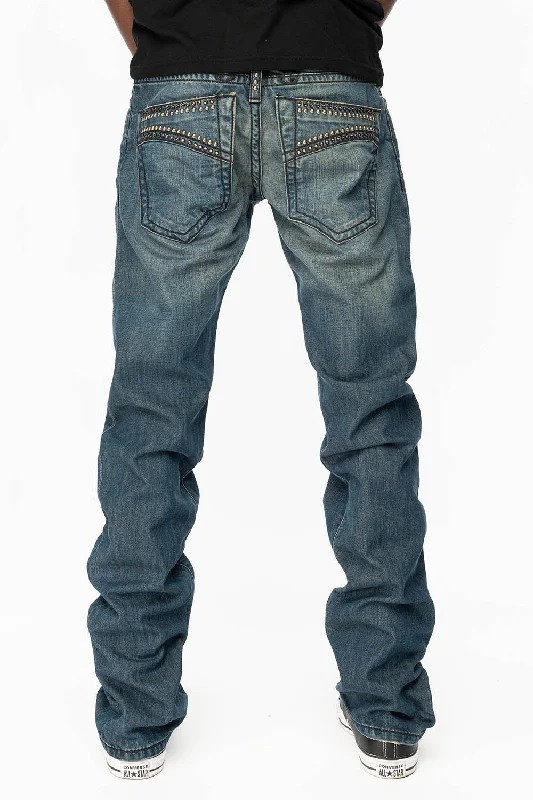 MENS CLASSIC 5 POCKET STRAIGHT LEG JEANS IN SMOKEY MEDIUM WASH WITH STUDS AND CRYSTALS