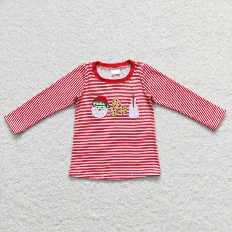 BT0370  Christmas Red Santa Milk Cookies Embroidery  Boys Long Sleeve Top T-shirts