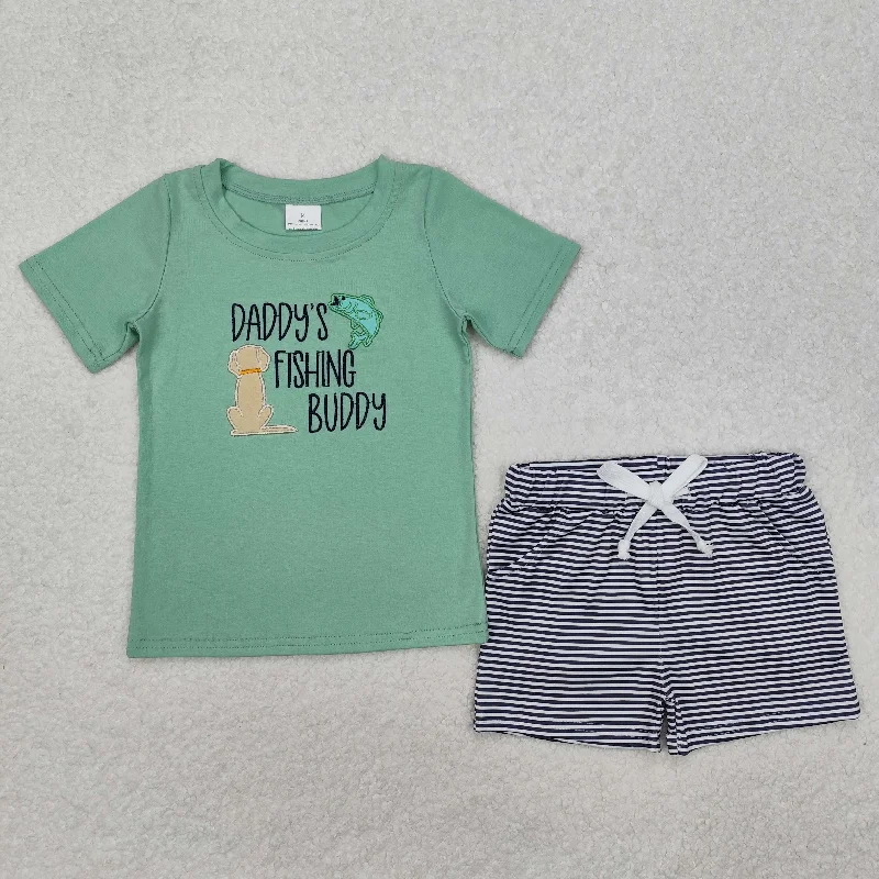 BSSO1147 Embroidered Puppy Daddy fishing  green short sleeve top grey striped shorts boy boutique summer outfit 202501