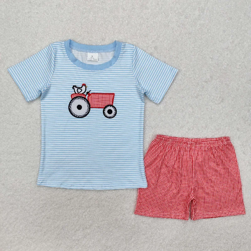 BSSO1172 Embroidery Truck Rooster Blue Striped Short sleeve top Red plaid shorts boy boutique summer outfit 202501