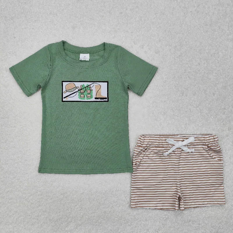 BSSO1154 Embroidery Fishing Boutique Outfit Green short sleeve top brown plaid shorts  Boys boutique outfit 202501