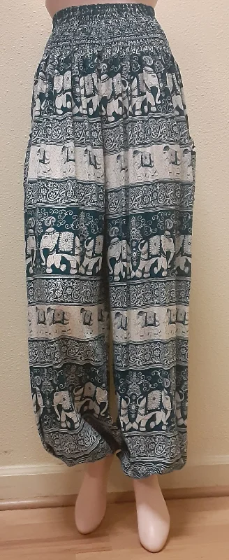 Harem Pants with Ruched Waist - Teal Elephants