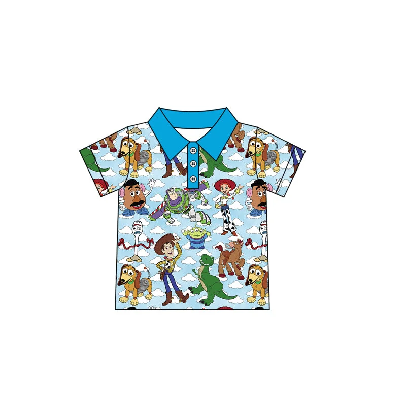 Preorder BT1158 Baby Boy Cartoon Pattern Blue Polo Short sleeve Top boutique summer sets 202501