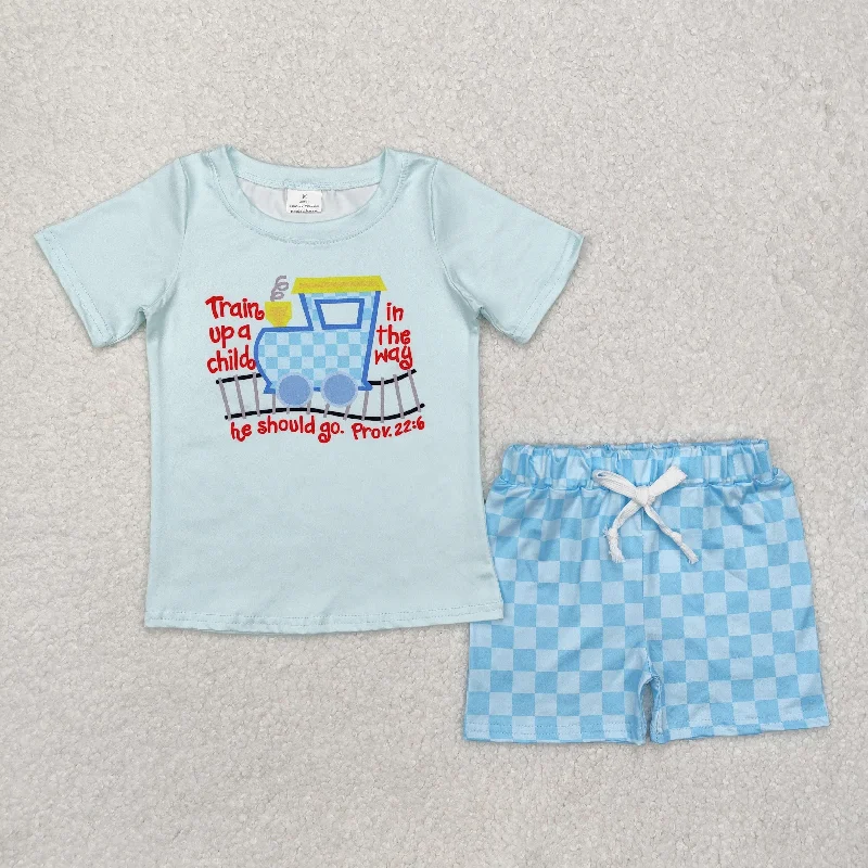 BSSO1128 Blue short sleeve top check shorts outfit travel pattern Boy Boutique Outfit RTS 202412