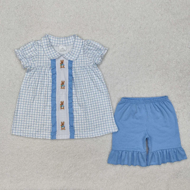 GSSO1583   Embroidered Rabbits Easter outfit sets Blue check Short Sleeve top ruffle shorts outfit Girls Boutique Outfit  RTS 202412