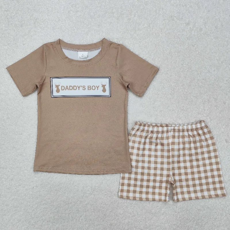 BSSO1130 Daddy's Boy deer hunting clothes Beige Short sleeve top plaid shorts boy boutique summer outfit 202501