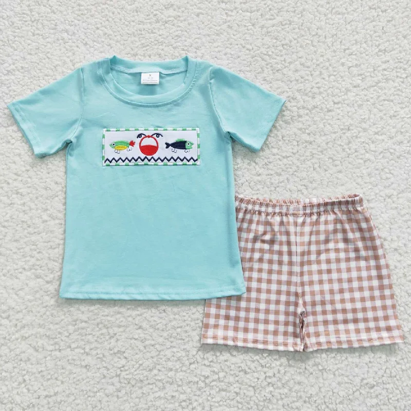 BSSO0262  Mardi Gras set Mint Green short sleeve Top Brown check Shorts Set Boys outfit