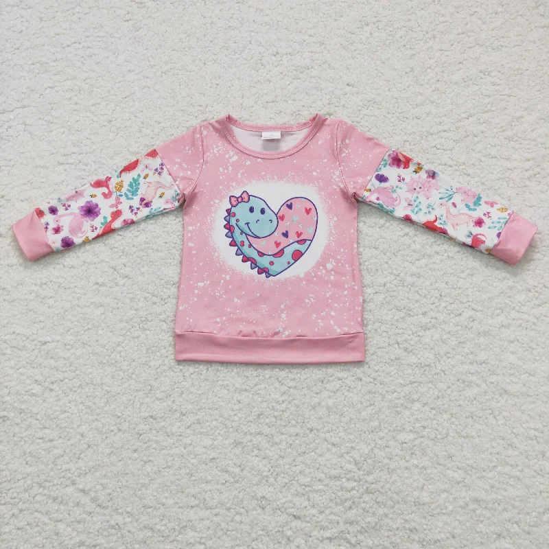 GT0087 Valentine Pink Dinosaur Love Cartoon  Girls Long Sleeve Top