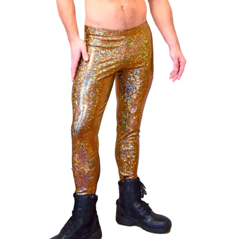 Men's Gold on Black Holographic Shattered Glass Leggings, Meggings