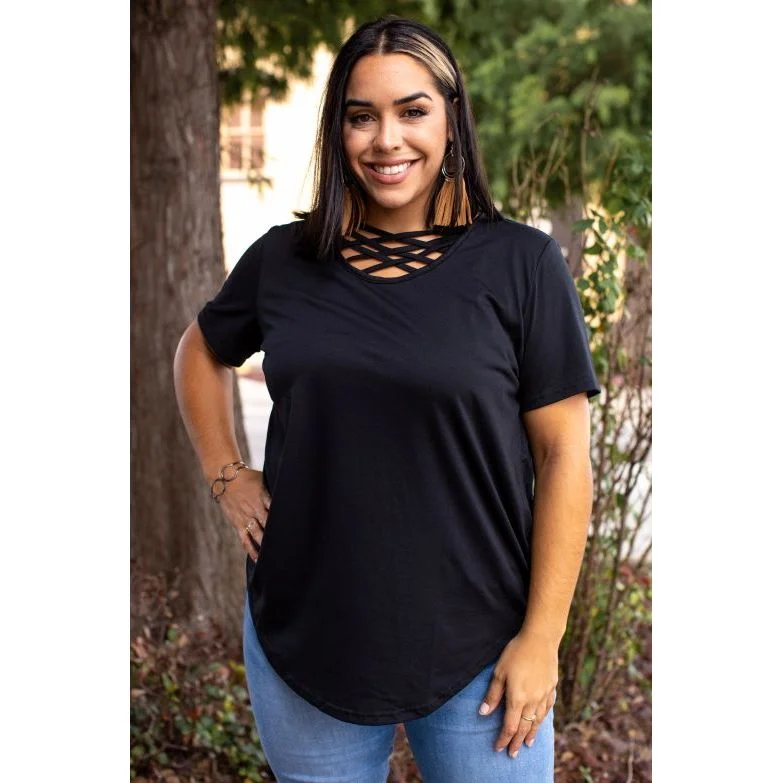 Black Short Sleeve Top with Curved Hem Relaxed Fit, Caged Neck