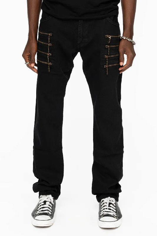 MENS MOTORCYCLE ZIPPERS SLIM JEANS IN OVERDYE BLACK WASH