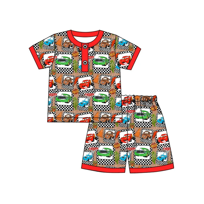 Preorder BSSO1257 Red Brown Button car pattern Short sleeve Top Shorts Boys boutique summer sets 202501