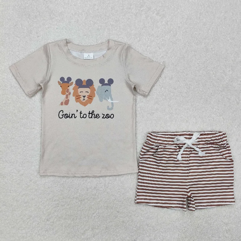 BSSO1109 Grey Beige Animal Pattern short sleeve top brown striped shorts Boys boutique outfit 202501