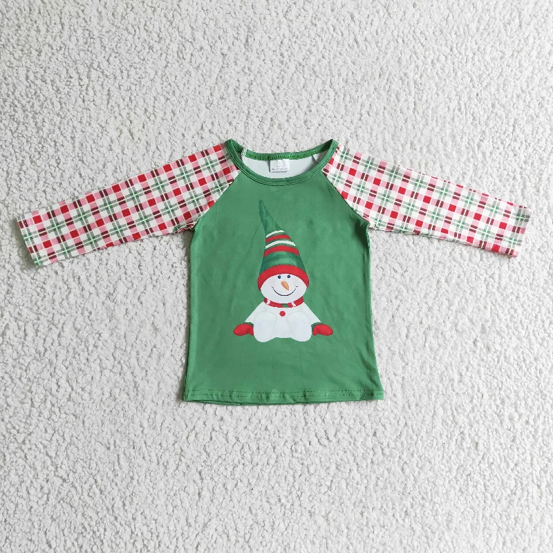 BT0077 Christmas Snowman Red Green Boys Long Sleeve Top T-shirts