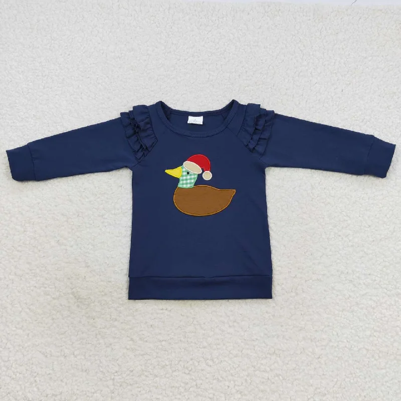 GT0281 Christmas Blue Duck Embroidery Boys Long Sleeve Top T-shirts