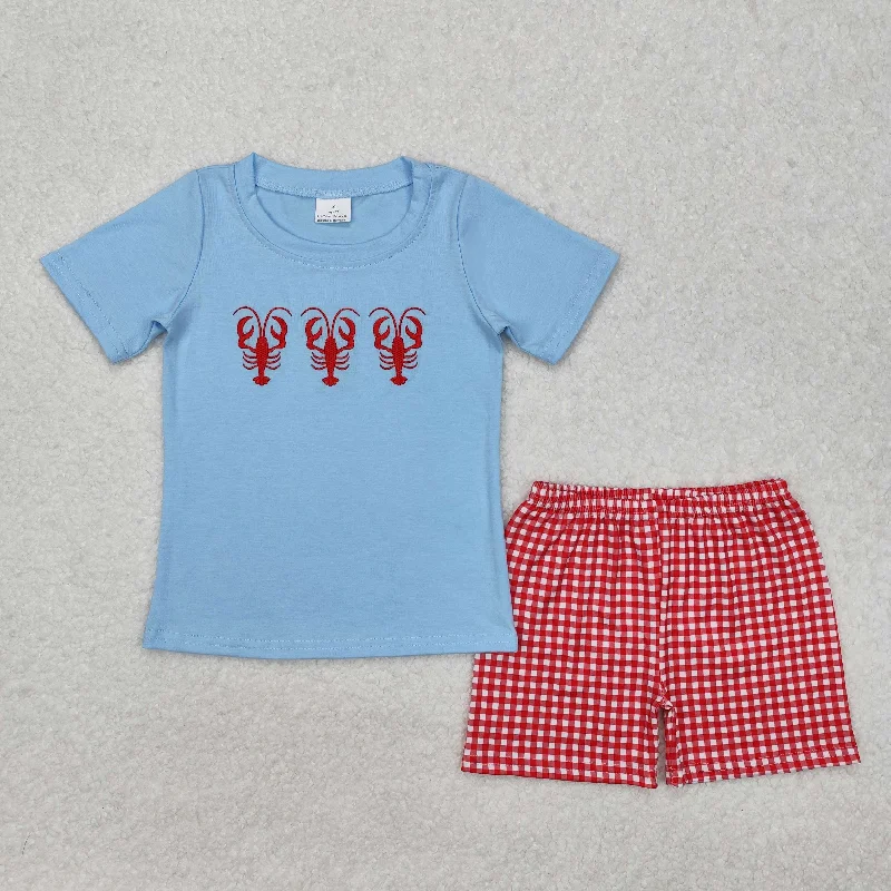 BSSO1161 Mardi Gras apparel Blue Embroidery lobster short sleeve Top Red check shorts Boutique outfits 202412