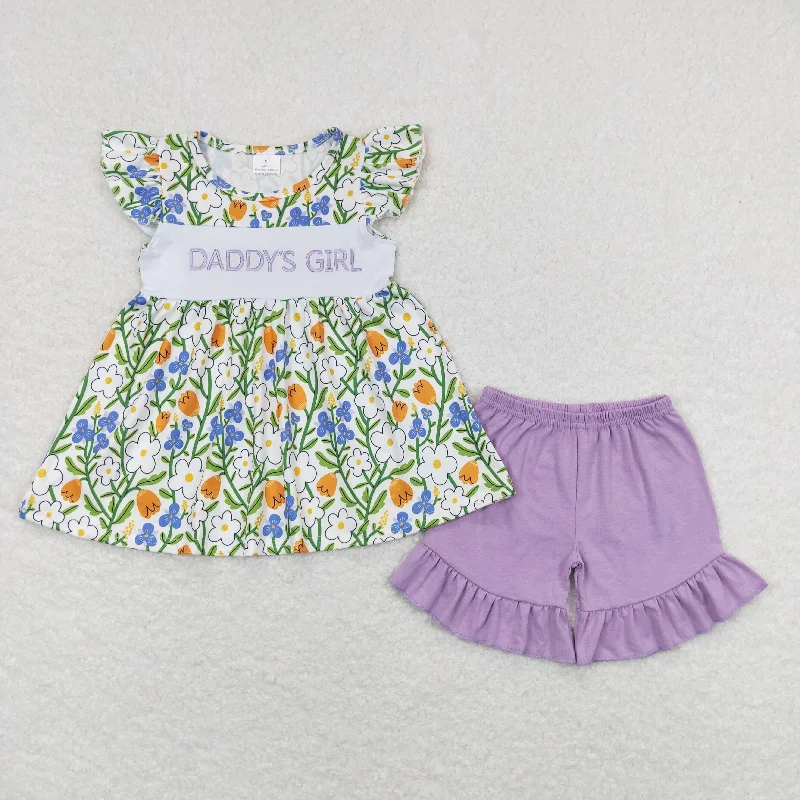 GSSO0557 Green Flower Daddy's girl short sleeve top purple ruffle shorts Girls boutique outfit 202501