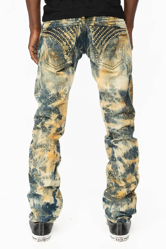 MENS LONG FLAP SLIM  RIPPED JEANS WITH  FULL CRYSTALS  IN SYDNEY WASH