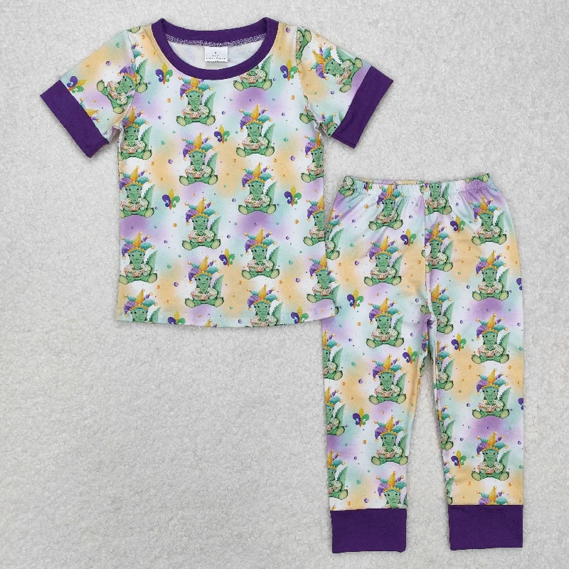 BSPO0547 Mardi Gras Cartoon Pattern Purple Short sleeve top shorts boy boutique summer outfit 202501