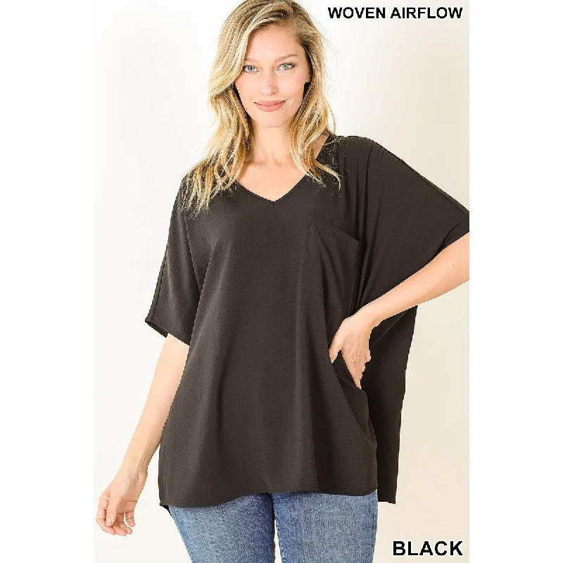 Woven Airflow V-Neck Dolman Short Sleeve Top, Black