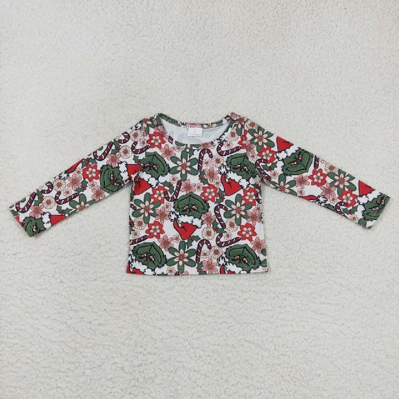 GT0326  Christmas Red Green Cartoon Boys Long Sleeve Top T-shirts