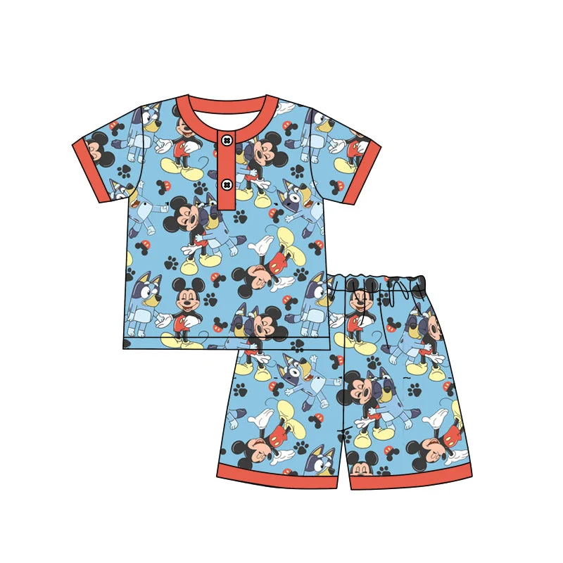 Preorder BSSO1253 Cartoon Mickey Mouse Bluey Outfit Orange Blue Short sleeve Top Shorts  Boys boutique summer sets 202501