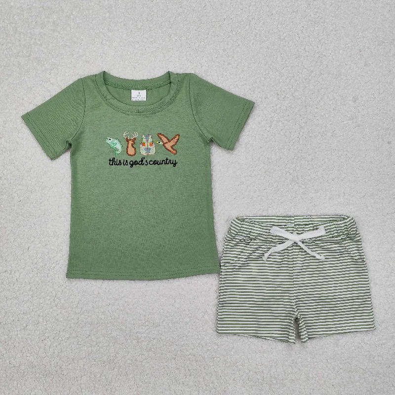 BSSO1108 Dark Green short sleeve top light Green shorts outfit embroidery cartoon pattern  Boy Boutique Outfit RTS 202412