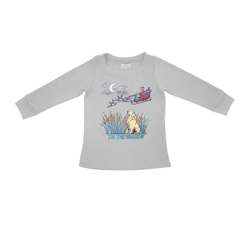 Preorder BT0899 tis the season Santa Duck Puppy gray long sleeve top