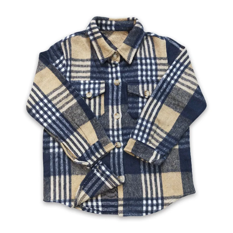 Navy khaki plaid cotton pocket boy thick flannel button up shirt