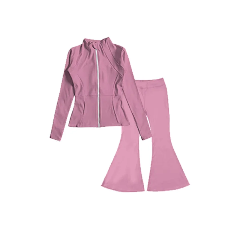 Preorder GLP1554 NO MOQ pinkish pink slim long sleeve top flared trousers