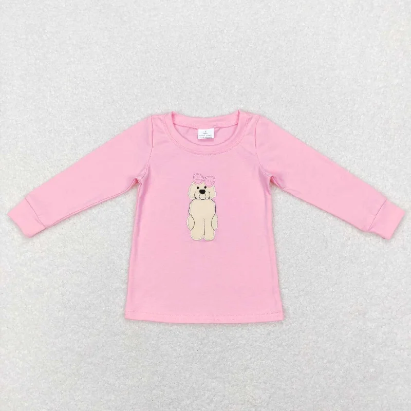 GT0408 Pink Dog  Embroidery Girls Long Sleeve Top T-shirts