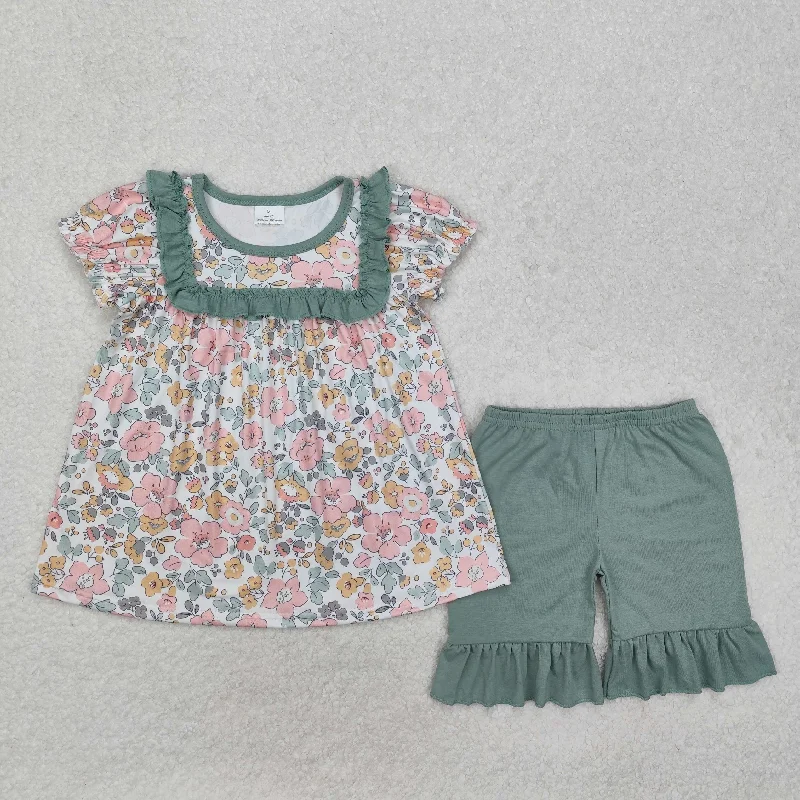 GSSO1607  Colored Flower leaf Dark Green Ruffled short sleeve top shorts Baby Girl boutique summer outfit 202501