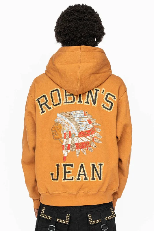 ROBIN’S HEAVY WEIGHT NATIVE AMERICAN CHIEF PULLOVER HOODIE IN CARAMEL