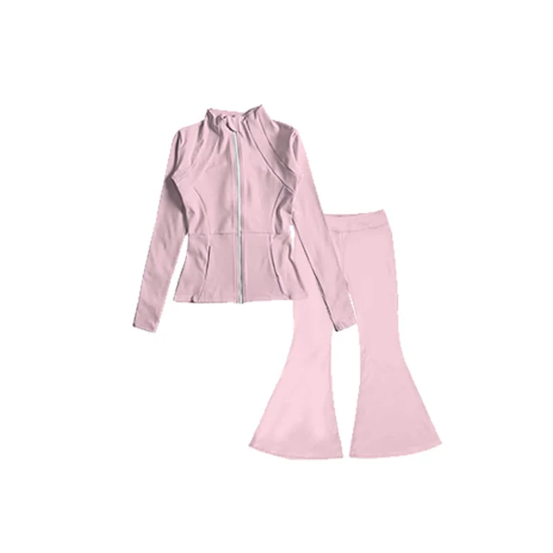 Preorder GLP1557 NO MOQ light pink slim long sleeve top flared trousers