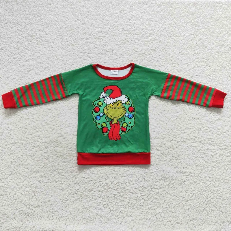 BT0245 Christmas Green Red Cartoon Boys Long Sleeve Top T-shirts