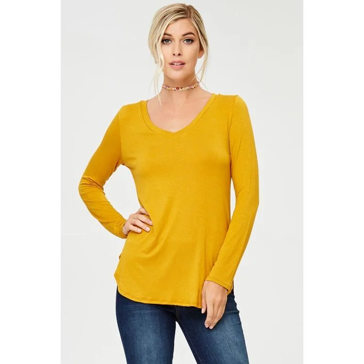 Mustard V-NECK LONG SLEEVE SOLID TOP