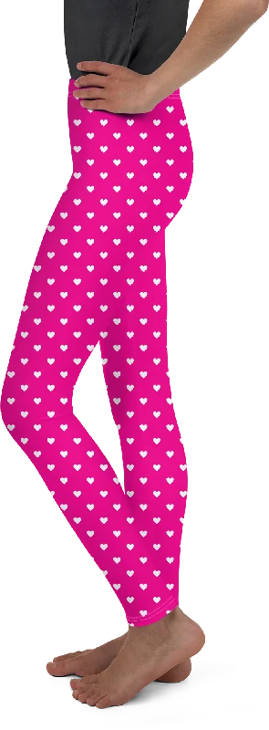 White Mini Hearts Pink Youth Leggings