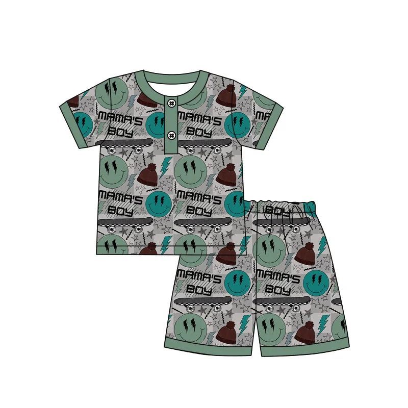 Preorder BSSO1261 MAMA'S Boy Dark Green Smile Lightning short sleeve top shorts Summer clothes  Baby Boys boutique outfit 202501